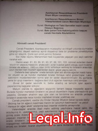 Xətai rayonu Məhəmməd Hadi küçəsinin sakinləri yaşıllığın məhvi ilə bağlı Prezidentə müraciət etdilər...