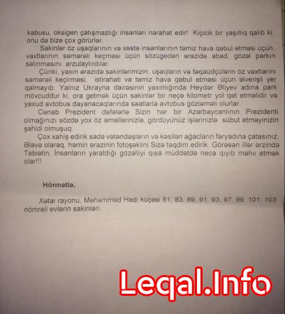 Xətai rayonu Məhəmməd Hadi küçəsinin sakinləri yaşıllığın məhvi ilə bağlı Prezidentə müraciət etdilər...