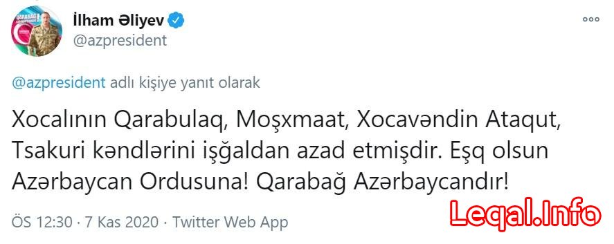 "Xocalı və Xocavəndin kəndləri işğaldan azad edilib"