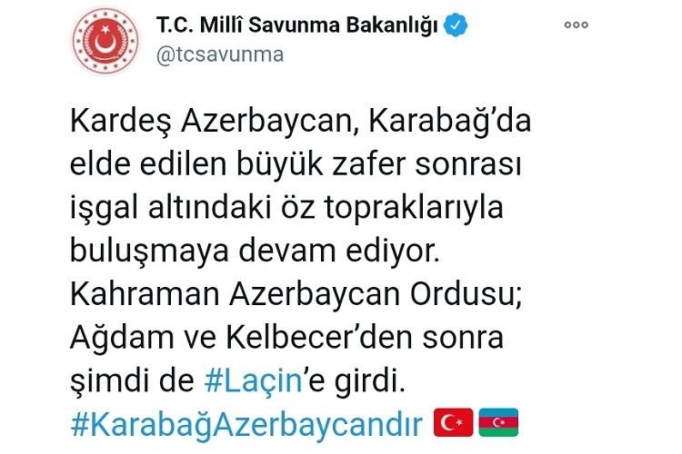 Türkiyə Müdafiə Nazirliyindən Laçınla bağlı paylaşım