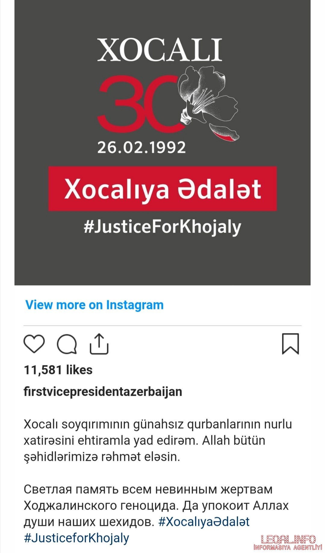 Mehriban Əliyeva Xocalı soyqırımının ildönümü ilə əlaqədar paylaşım etdi