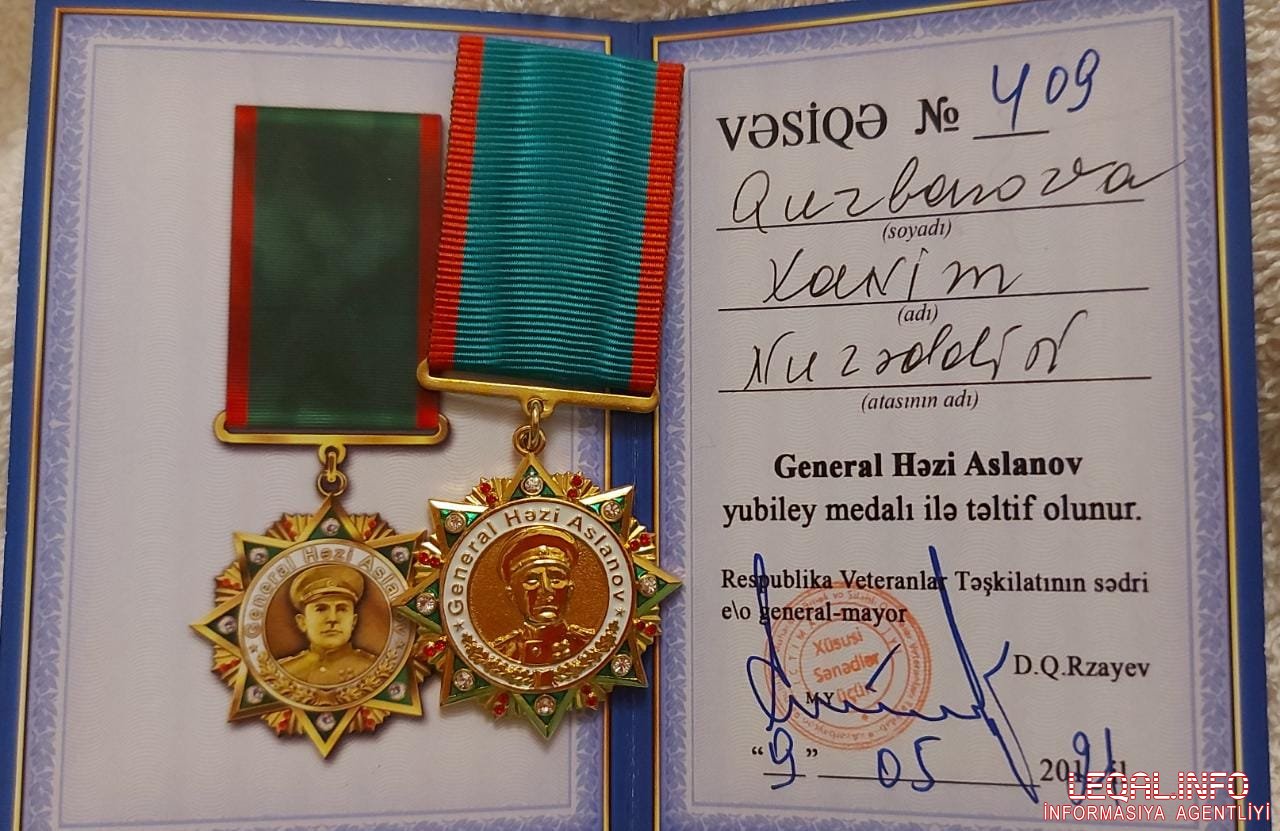 Gənc iş adamı Xanım Qurbanova General Həzi Aslanov yubiley medalı ilə təltif olundu